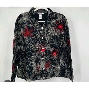 Stonebride Womens Whimsical Embroidered Floral Button Jacket Shirt L Black Red